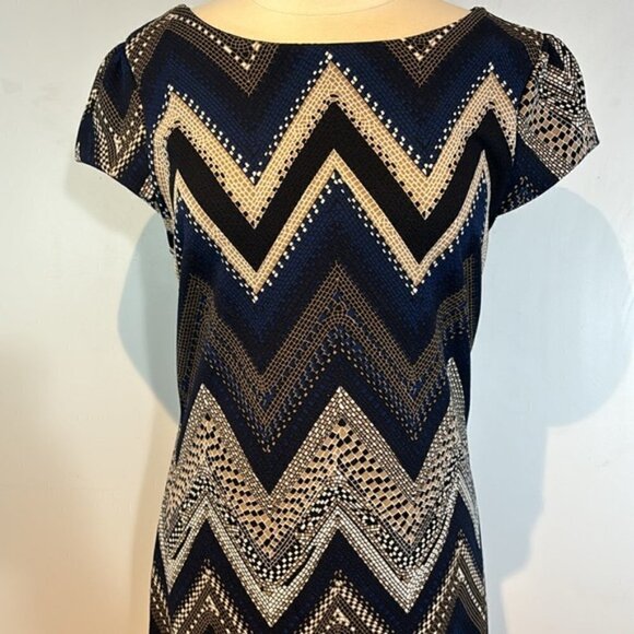 Chevron striped blue/brown/black zip back dress cap sleeves size large - Picture 2 of 10